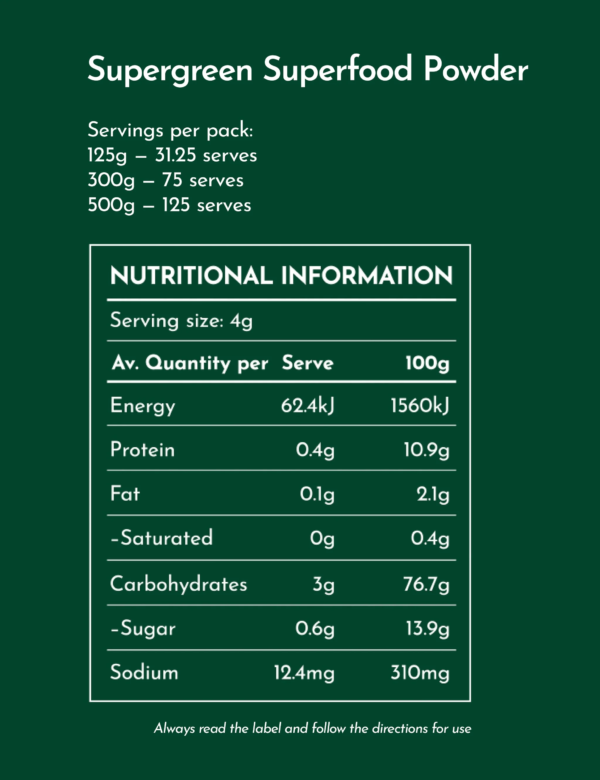 Supergreen Superfood Powder - Nutritional Information